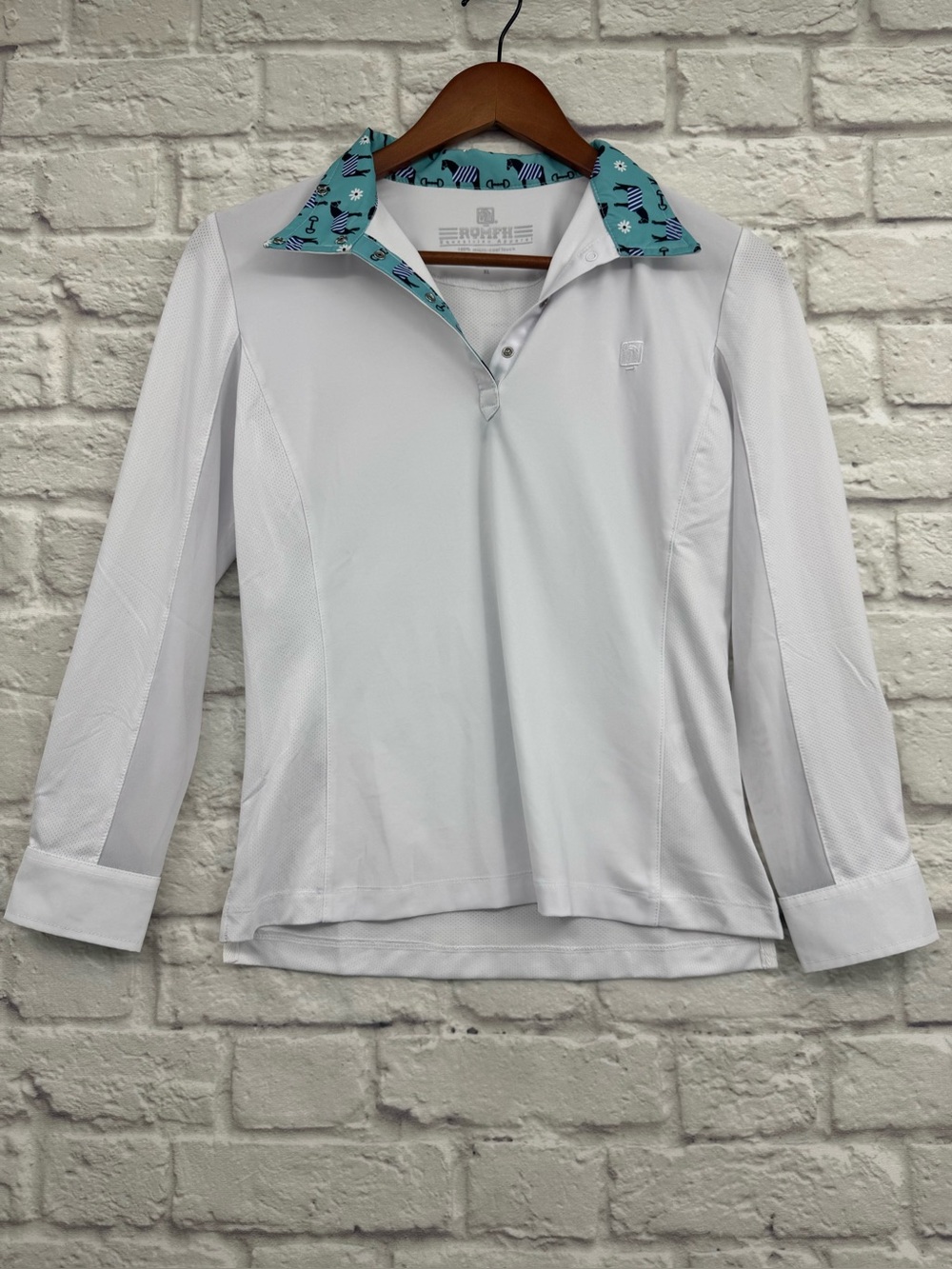 ROMFH Equestrian Chill Factor Long Sleeve Show Shirt XL White Horse Print Collar